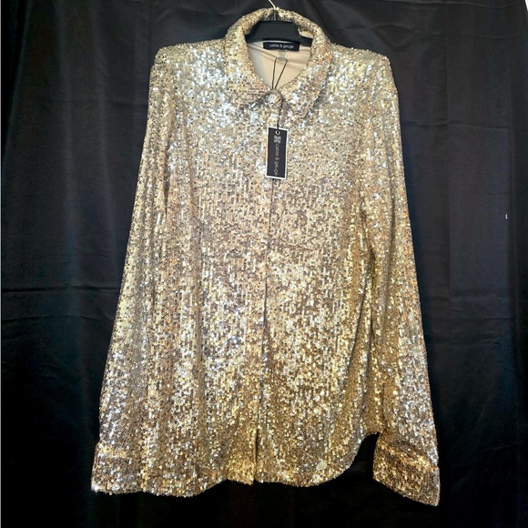 Cable & Gauge Sequined Button Blouse Size Medium NWT Champagne LS Lined Party - Picture 1 of 8